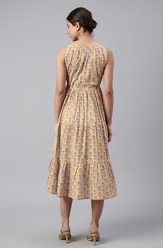 Image of Janasya Women's Cotton Floral Block Print Tiered Western Dress