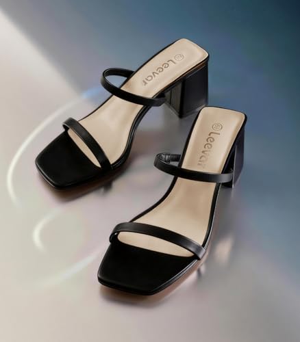 Image of Leevar Square Toe Heeled Sandals for Women - Women's Low Block Heels Sandals - 2.25IN Open Toe Ankle Strap Chunky Heels - Slip on Heeled Sandal Mule- Nude Black Strappy Heels for Party Wedding Dress Shoes