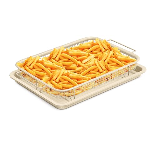 Bakken Swiss 2-Piece Crisper Tray Set – White Marble Non-Stick Basket for Healthier Cooking in Regular Ovens – Perfect for Crispy Chips, Bacon, and More