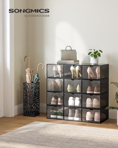 SONGMICS Shoe Boxes, Pack of 6, Organizers with Door, Plastic Shoe Storage, Stackable, Easy Assembly, 27 x 34.5 x 19 cm, Up to UK 10, Black LSP032B06