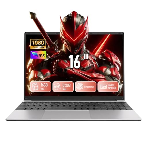 unbholkk Laptop 16 Zoll, 16GB RAM 512Go SSD Prozessor N95 (bis 3,4 GHz) Große Akkulaufzeit 180° Bildschirm, Notebook Win 11 für Studenten und Arbeit Touch ID WiFi5 BT