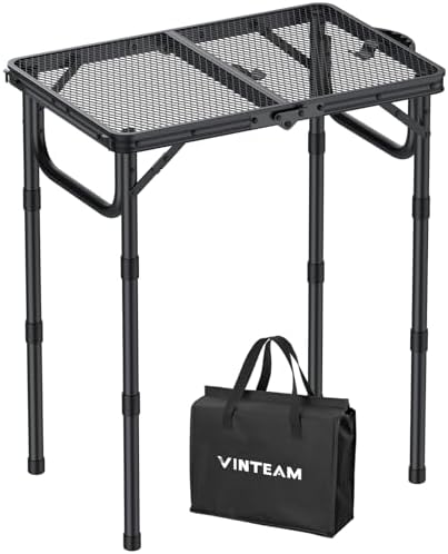 VINTEAM Campingtisch Klappbar 58x40cm, 3 Höhenverstellbar Leicht & Tragbar, Aluminium Metallgitter, Beistelltisch, Gartentisch, Grilltisch mit Metallgitterplatte, Camping, Grillen,