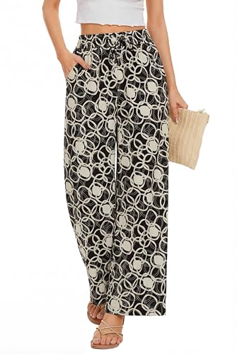 Image of KICZOY Women Flowy Pants Drawstring Waist Wide Leg Palazzo Beach Pants Loose Fit with Pockets