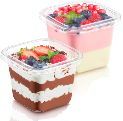 Dessertbecher plastik mit deckel 360ml, 50 Stück Dessertbecher Eckig Plastik, Dessertschalen Wiederverwendbar, Dessertgläser mit Löffeln, Parfait Vorspeisenbecher für Tiramisu Desserts Pudding Mousse