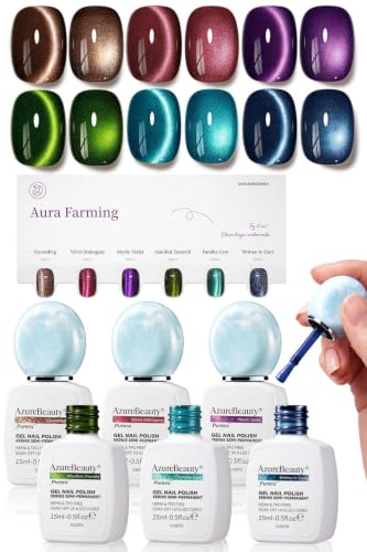 Image of AZUREBEAUTY HEMA-Free 15ML Cat Eye Gel Polish Set, 6 Colors Magnetic Gel
