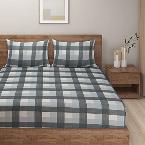 Image of Swayam Pure Cotton King Fitted Bedsheet with 2 Pillow Covers | Size 72 x 78 x 10 inch | 160 TC | Checkered Design | Soft Breathable Bed Sheet | Comfortable & Durable for Bedroom - Grey