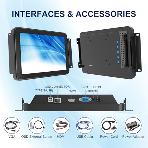Image of 10-Point Multi-Touch Industrial Display, 10.1 Inch Open Frame Capacitive Touch Screen Monitor, 1280x800 10-Point LCD Display, IP65 Front Waterproof with HD-MI VGA Ports