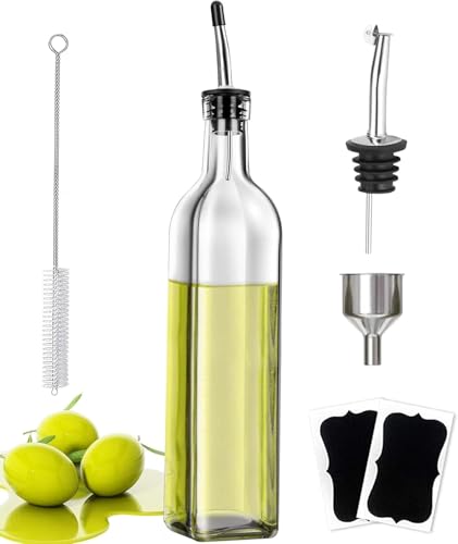 Showvigor Premium Olive Oil Bottle Glass 500ML Vinegar Dispenser with Funnel & Name Labels | Reusable Kitchen Storage for Cooking Oil & Salad Dressing | Elegant Gift Idea