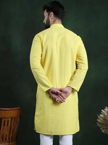 Image of SOJANYA (Since 1958 Men's Pure Cotton Checked Embroidered Long Kurta | Traditional for Diwali Celebrations