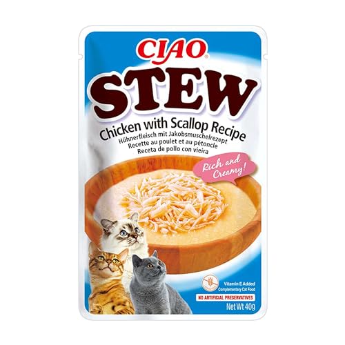 INABA Ciao - Stew Poulet & Pétoncles - Recipe Friandise pour Chat Humide - Délicieuse et Saine - Sauce - Plat d'accompagnement - Complément Naturel et sans Céréales - Pâtée pour Chat - 1 x 40g