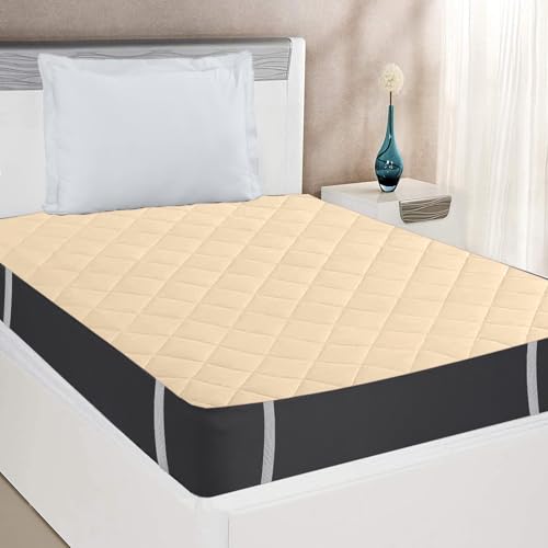 Image of Trance Home Linen 100% Cotton Quilted Mattress Protector| Single Size Bed Quilted Bed Cover |Water Resistant - Breathable and 100% Cotton Pad with Elastic Straps on Corners (72x30 inch, Beige)