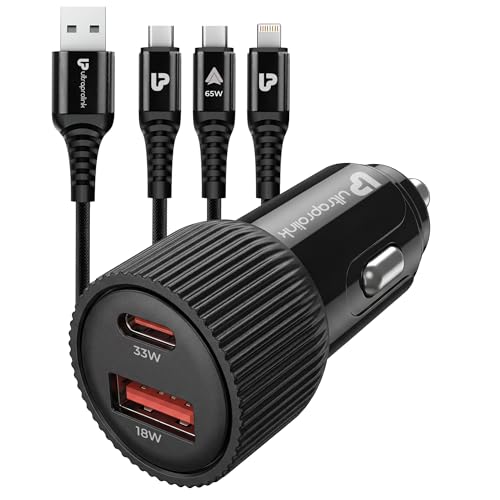 Image of UltraProlink Mach Trio-Link 51W Dual Port Fast Car Charger (USB-C PD 30W /PPS 33W + USB-A QC 18W) with 65W 3-in-1 Nylon Braided Cable 1.5m | CarPlay & Android Auto|UM1270