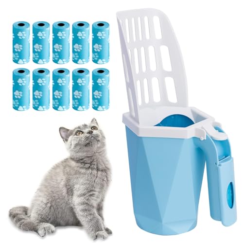 Image of Cat Litter Scooper with Holder Kitty Litter Scoop with Waste Can and 150 Refill Bags, Large Portable Cat Litter Shovel Easy to Clean Suitable for Kittens (Blue)