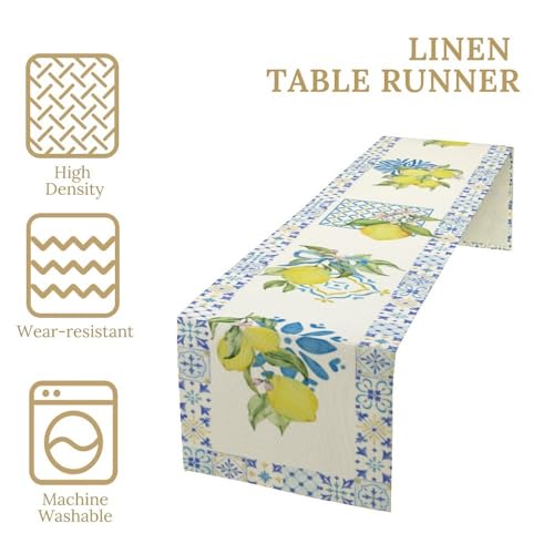 Image of Mediterranean Lemon Table Runner - Blue Tile Border with Watercolor Yellow Lemons and Floral Design - Summer Dining Table Decor for Kitchen or Patio 13x72 Inch