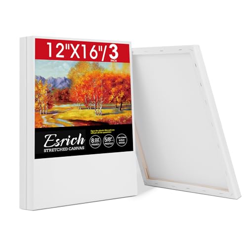 ESRICH Stretched Canvas for Painting 12x16 Inch, 3 Pack Blank Canvas -5/8 in Profile Primed Cotton White Canvases for Painting for Oil & Acrylic Paint
