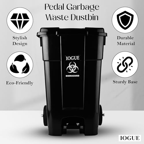 Image of 60 Liter Heavy Duty Wheel Pedal Dustbin, Biohazard Design, Black, Plastic, Cylindrical, Glossy Finish,(BLACK)