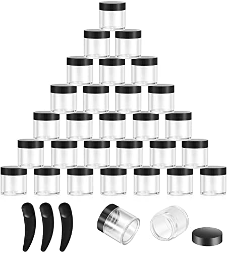 30 Piezas Tarros de Plástico, 10g Envase Cosméticos Vacío Pequeño, Contenedores de Crema de Viaje con Tapa para Cosmética Crema Muestra, con 3 espátulas (negro)