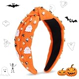 CTZENWAY Halloween Headbands for Women, Orange Ghost Rhinestone Wide Jeweled Knotted Headband, Crystal Beaded Jeweled Top Knot Embellished Headband Hair Accessories Halloween Birthday Gift