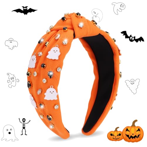 CTZENWAY Halloween Headbands for Women, Orange Ghost Rhinestone Wide Jeweled Knotted Headband, Crystal Beaded Jeweled Top Knot Embellished Headband Hair Accessories Halloween Birthday Gift