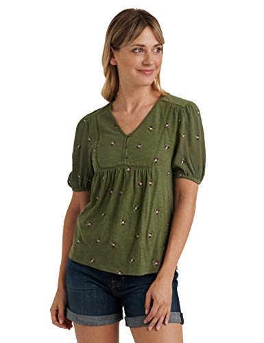 Lucky Brand Women's Short Sleeve V Neck Allover Embroidered Peasant Top, Olive Multi, XL