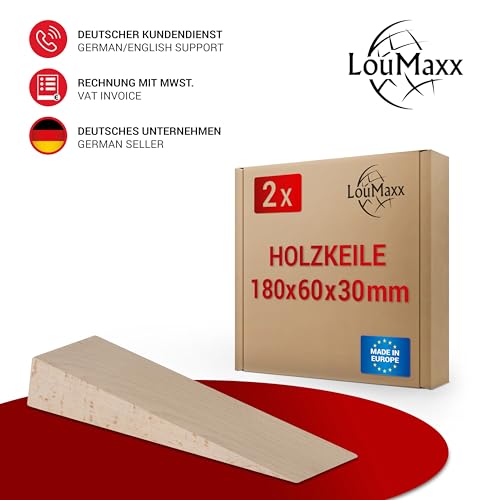LouMaxx 2er Set Holzkeile groß aus Buche natur - Keile Holz 180x60x30 mm - Robuste Hartholzkeile als Türkeil Holz, Montagekeile & Verlegkeile – Holzkeil made in Europe – Holzkeile Hartholz