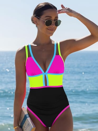 Image of popvil Women One Piece Swimsuit 2026 Tummy Control Sexy Cutout Neon Color Block Bathing Suit Slimming Adjustable Swimwear