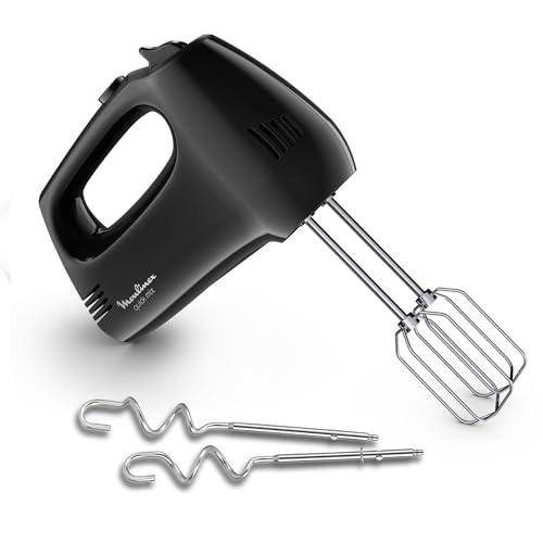 Moulinex - Moulinex Quickmix Mixeur plongeant à fouets, 300 W, 5 vitesses, Deux accessoires pour pétrir ou fouetter en acier inoxydable, Pain, Pizza maison, Pâte à gâteau, Points de neige, Noir, HM3108B1