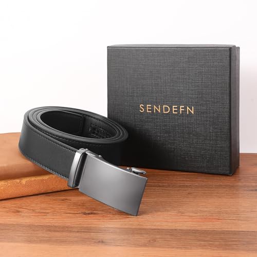 SENDEFN Men's Leather Belt Automatic Ratchet Buckle Slide Belt for Dress Casual Trim to Fit with Gift Box — view 6
