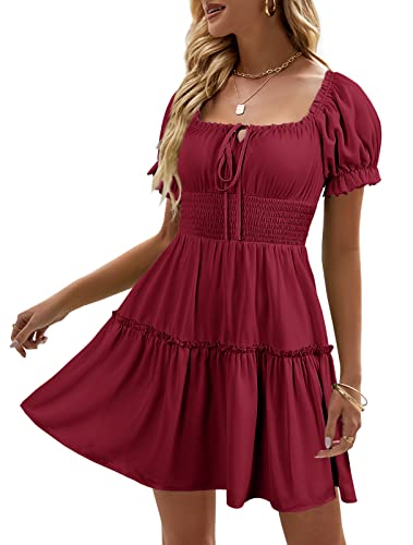 Heysolo Womens Boho Floral Smocked Square Neck Short Sleeve Ruffle Beach Summer Mini Dress