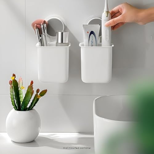 Image of SHOPPOFOBIX Plastic Toothbrush Holders for Bathroom | Wall Mounted Toothbrush Holder | Self-Adhesive Bathroom Organiser Without Drill for Toothbrushes | Washroom Organizer for Tooth Brush
