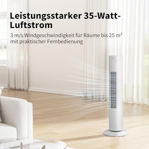 aeco AirX SPIN Turmventilator mit Fernbedienung, 76 cm Höhe, 60° oszillierender Ventilator mit Timerfunktion (7H), 3 Geschwindigkeiten, Power-Off-Funktion, leise für Schlafzimmer und Büro, Weiß 2