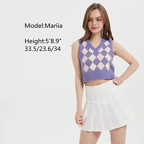 Image of Women's Sweater Vest,Y2K Sleeveless Pattern Preppy Style Knitted Crop Tank Top for Girl