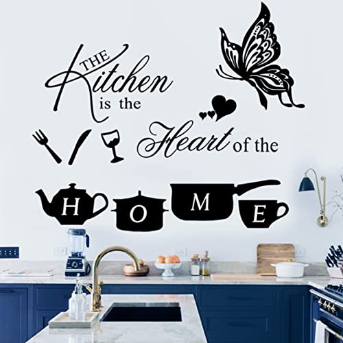 Large Size Kitchen Wall Decals Quotes Wall Stickers The Kitchen is The Heart of Home Wall Decor Word Saying with Kitchenware Love Heart Big Butterfly DIY Wall Design Home Decor.