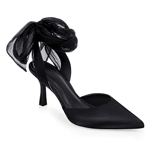 Womens Lace Up Heels Bow Satin Pumps Closed Toe Sandals Bride High Stiletto Heel D'orsay Cute Dress Shoes Black #TOP21
