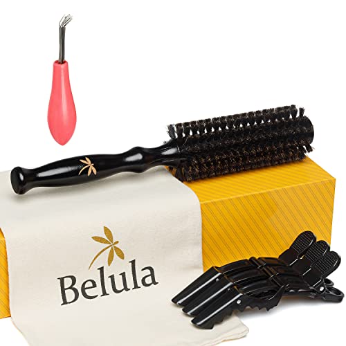 Belula 100% Soft Boar Bristle Round Brush for Blow Drying Set. Round Hair Brush With Small 2” Wooden Barrel. Hairbrush Ideal to Add Volume and Body. Free 3 x Hair Clips & Travel Bag.