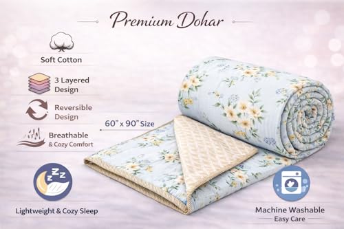Image of Pure Cotton 3-Layered Reversible Dohar for Single Bed 60 x 90 Inches | Super Soft Lightweight AC Blanket /Quilt | All-Season Comfort & Washable Printed Cotton Dohar (Pack of 2) - Design 6