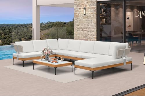Image of PURPLE LEAF Patio Furniture Set Outdoor Sectional Sofa with Coffee Table Fade-Resistant Cushions Wicker U-Shaped 8 Pieces Aluminum Conversation Sets for Balcony Yard Poolside Garden, White