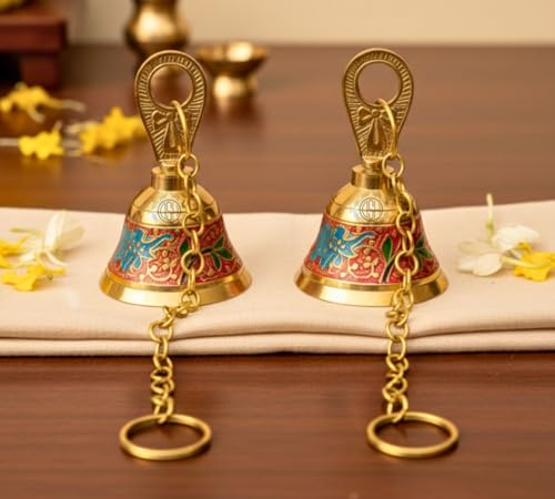Image of DSH Pure Brass Hanging Bell with Chain for Temple Mandir Door Home Decorative Ringing Bell (Red, 2)