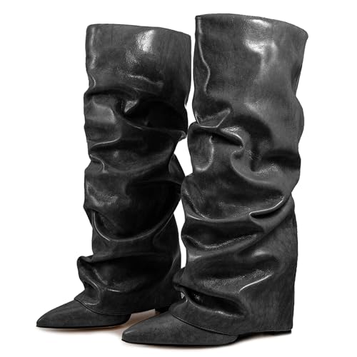 Roimaash Chunky High Heels Fold Over Boots For Women - Main Image