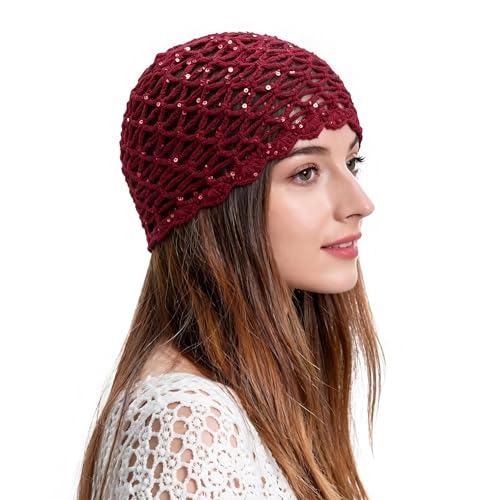 ZLYC Women Crochet Beanie Handmade Knit Flower Shiny Summer Vintage Skull Hat Solid Burgundy