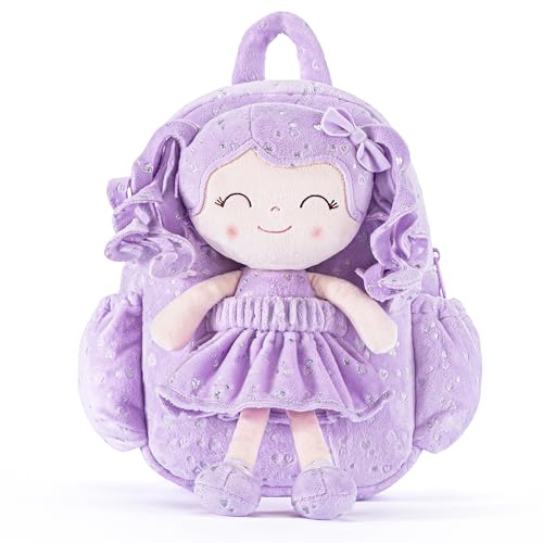 Image of Gloveleya 11 Inches Toddler Backpack Baby Girl Gift Plush Bag Featuring Curly-Haired Doll Design with Silver Heart Accents in Soft Purple