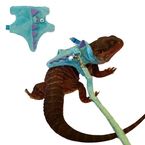 Image of Bearded Dragon Harness and Leash Set - Soft Fleece Dinosaur Vest with Safe Bell Adjustable Lizard Traction Rope Escape Proof Outdoor Walking Training Leash for Ferret Rat Kitten Puppy (Blue)