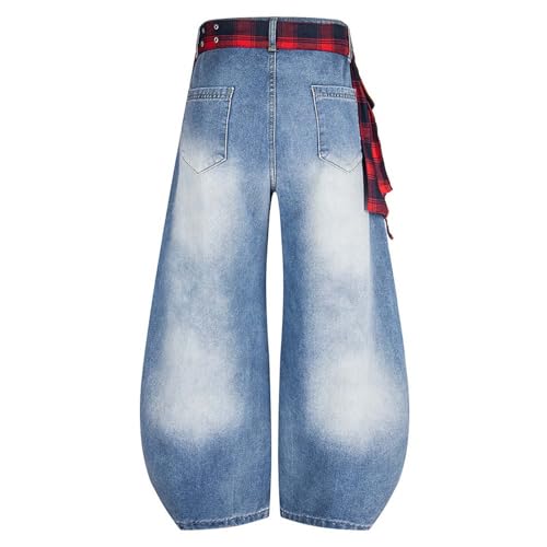 Barrel Jeans for Women & Men - High Waisted Wide Leg Baggy Pants, Curved Hem with Belt & Rivet Details, Y2K Pants3