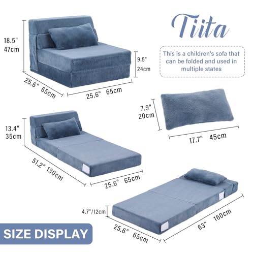 Image of Tiita Convertible Folding Kids Sofa Bed with Pillow & Storage Bag, Plush Fabric Floor Mattress Couch Bed, Washable Cover, Kids Room, Playroom, Dorm, Apartment, Blue Grey