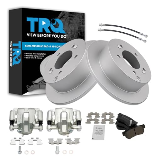 Image of TRQ Rear Brake Pad and Rotor Set Semi Metallic G Coated Rotors Calipers Compatible with 2006-2007 Hyundai Sonata 2008 Sonata To 2 28 07 Production Date