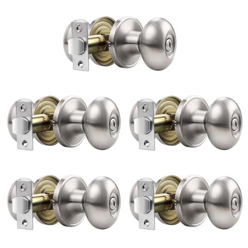 Gobrico 5 Pack Egg Shaped Door Knobs Brushed Nickel Privacy Door Knobs and Handles Interior Door Knobs and Handles for Bathroom Bedroom Oval Shaped
