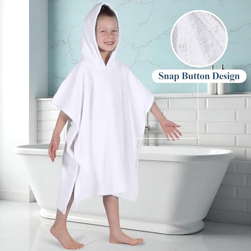 Image of Superior Kids Cotton Terry Poncho, Soft, Absorbent Bath Towel with Hood, Bathroom Accessories, Long, Plush Bathrobes for Bath, Shower, Spa, Resort, Hotel, Beach, Pool, Boy, Girl, Small /Medium, White