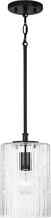 Capital Lighting 341311MB Emerson Transitional Embossed Seeded Glass Cylinder Pendant Light Fixture, 1-Light 100 Watt, 12" H x 7" W, Matte Black