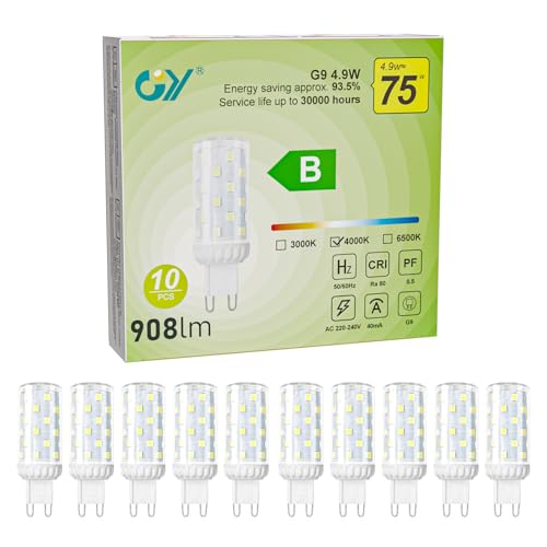 GY Bombilla G9 LED 4.9W (Equivalente a 75W) 4000k Blanco Neutro (23mmX74mm) 908 Lúmenes Sin Parpadeo No Regulable Bulb de Ahorro Energético 10 Unidad