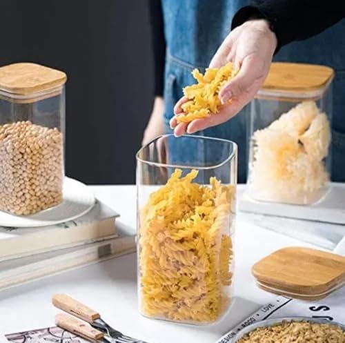 Image of Glass Food Storage Jars With Bamboo Lids 1500Ml,Wide Mouth Lid Jar For Home Kitchen,Flour,Sugar,Coffee,Pasta,Oats,Grains,Cookies,Snacks set of 6(6, SQUARE BAMBOO LID GLASS JAR 1500 ml -)